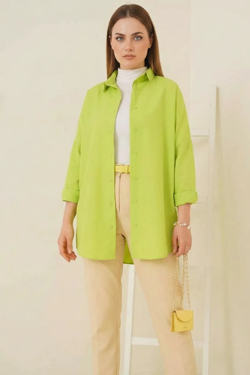 Kadın Oversize Basic Pamuklu Çağla Yeşili Tesettür Gömlek