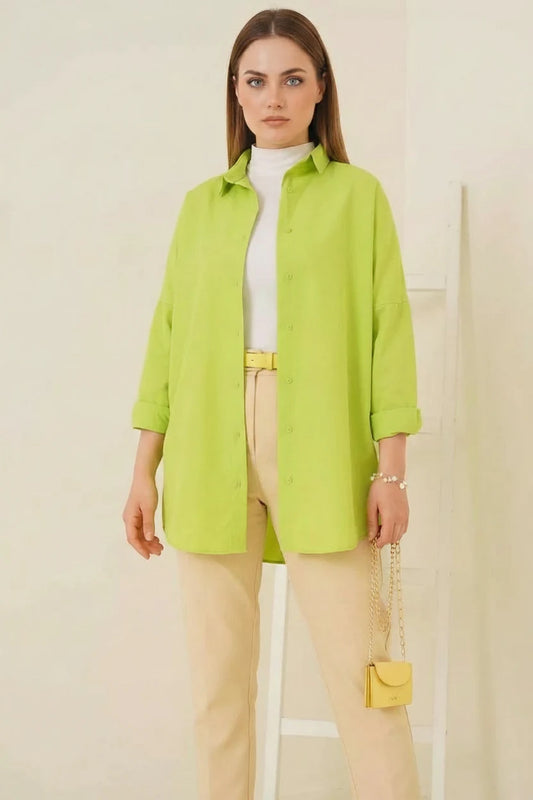 Kadın Oversize Basic Pamuklu Çağla Yeşili Tesettür Gömlek