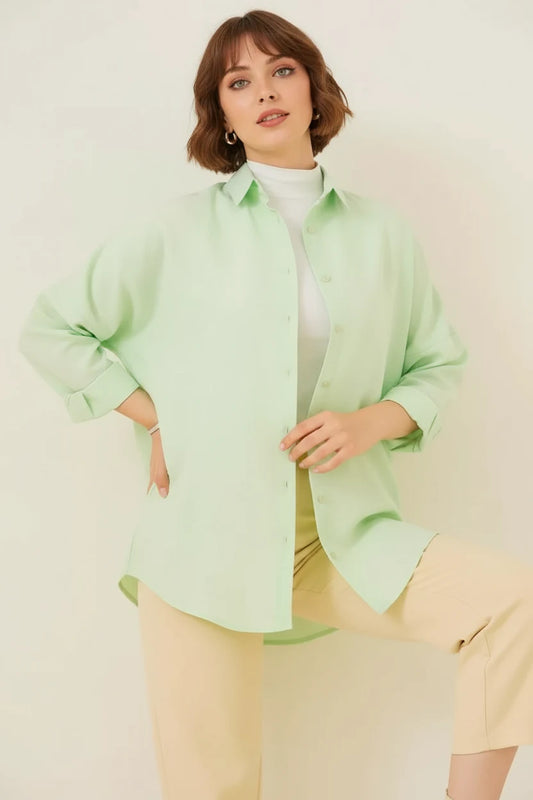 Kadın Oversize Kesim Basic Pamuklu Çağla Yeşili Tesettür Gömlek