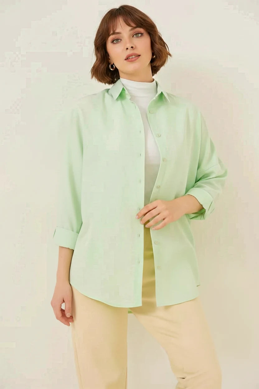 Kadın Oversize Kesim Basic Pamuklu Çağla Yeşili Tesettür Gömlek