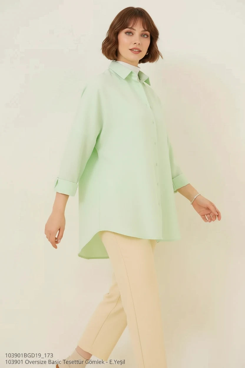 Kadın Oversize Kesim Basic Pamuklu Çağla Yeşili Tesettür Gömlek
