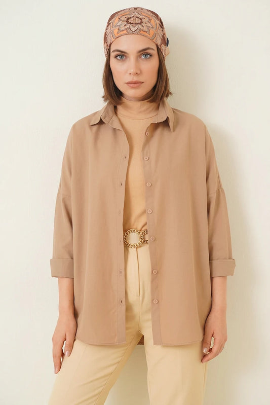 Kadın Oversize Kesim Basic Pamuklu Camel Tesettür Gömlek