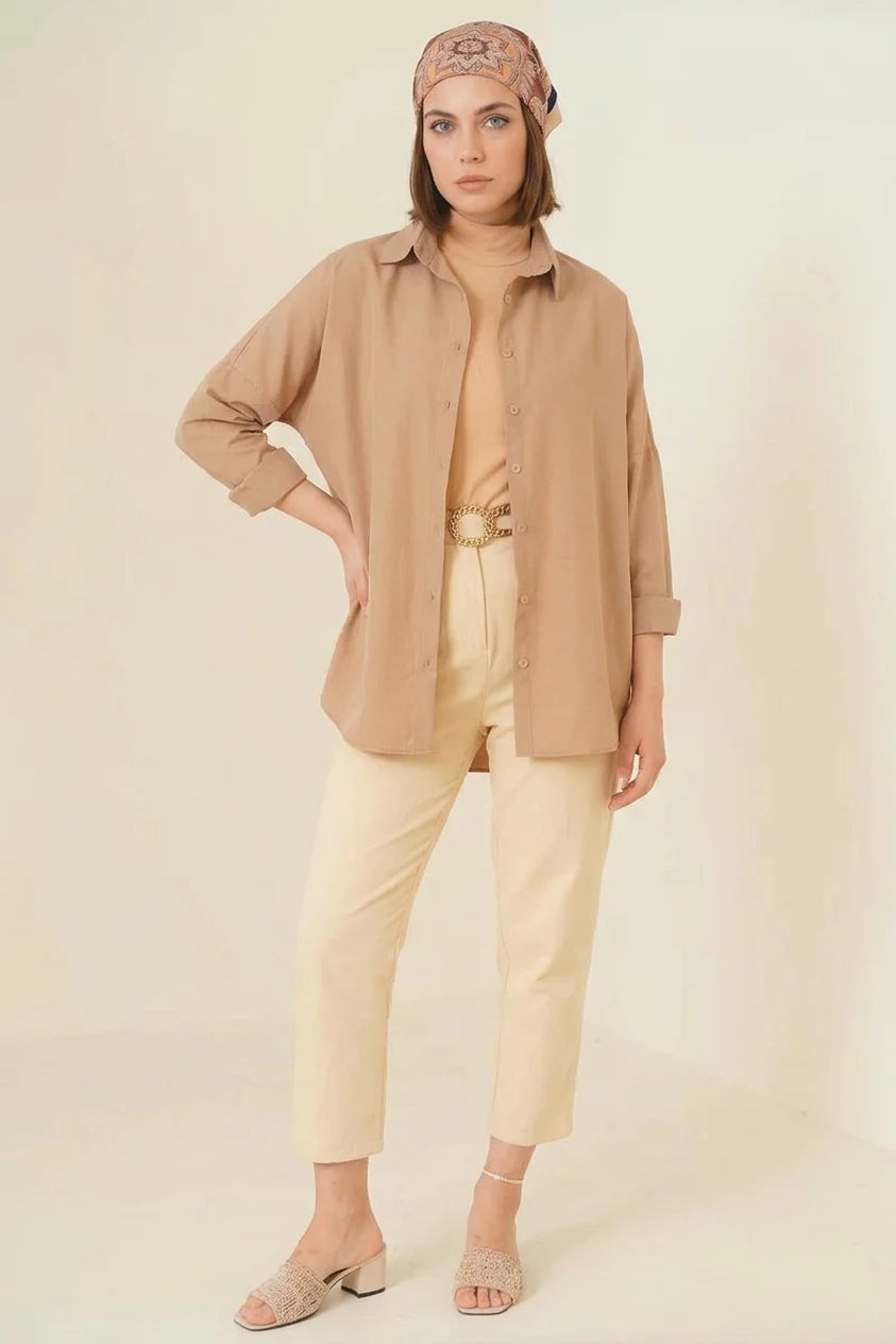 Kadın Oversize Kesim Basic Pamuklu Camel Tesettür Gömlek