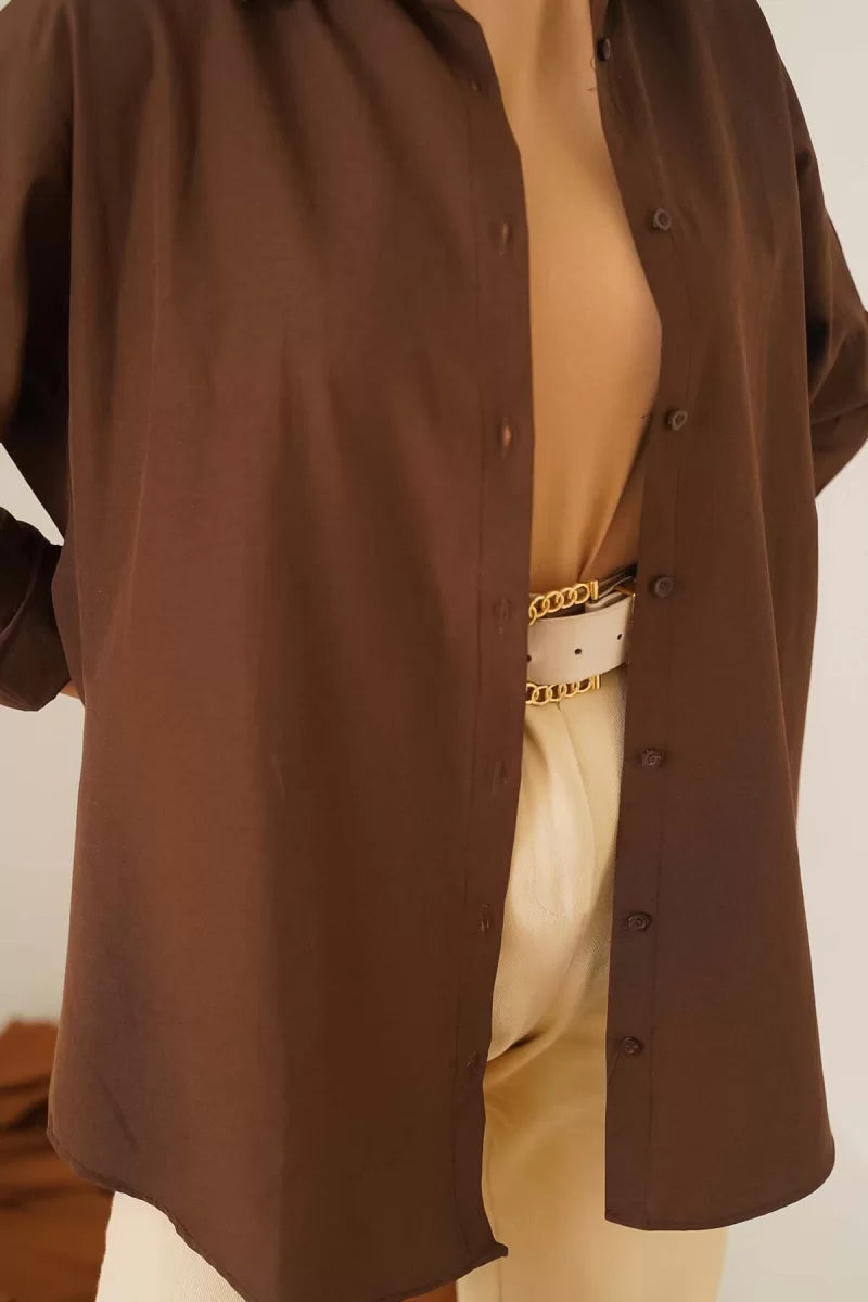 Kadın Oversize Kesim Basic Pamuklu Kahverengi Tesettür Gömlek