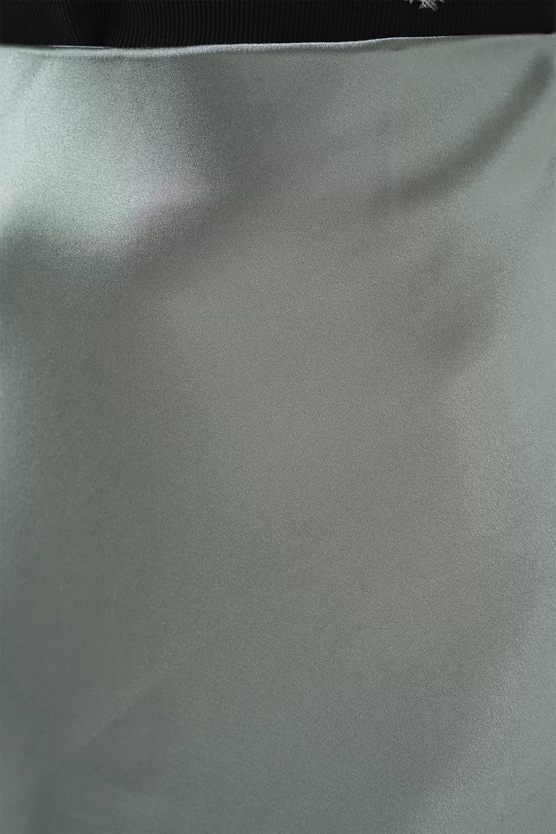 Kadın Yuvarlak Yaka Normal Çiçek Desenli Saten Çağla Yeşili Etek