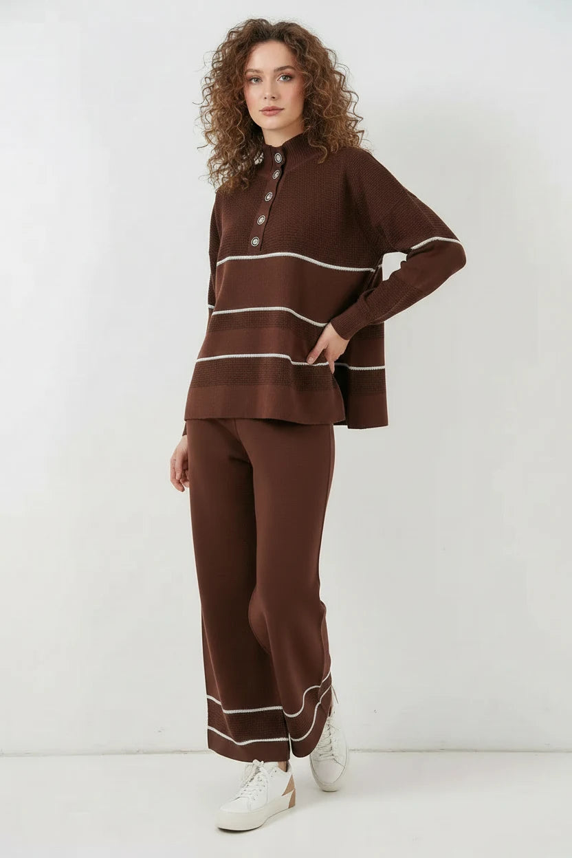 Kadın Yarım Balıkçı Yaka Oversize Çizgili Triko Kahverengi İkili Takım