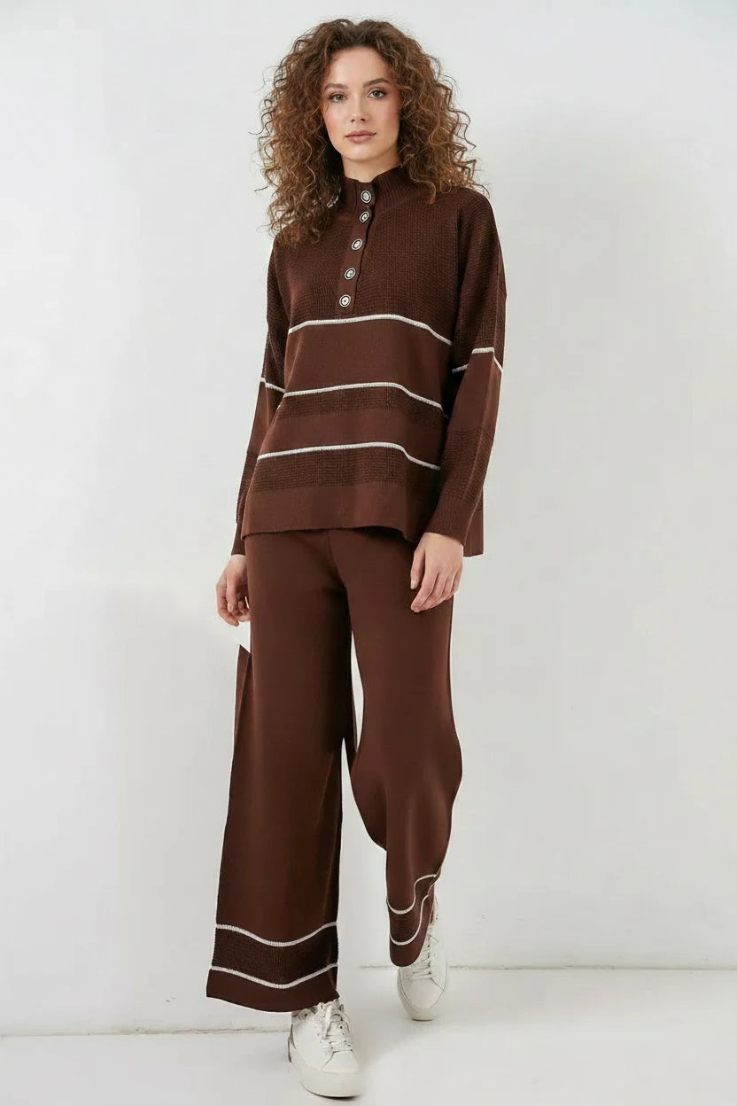 Kadın Yarım Balıkçı Yaka Oversize Çizgili Triko Kahverengi İkili Takım