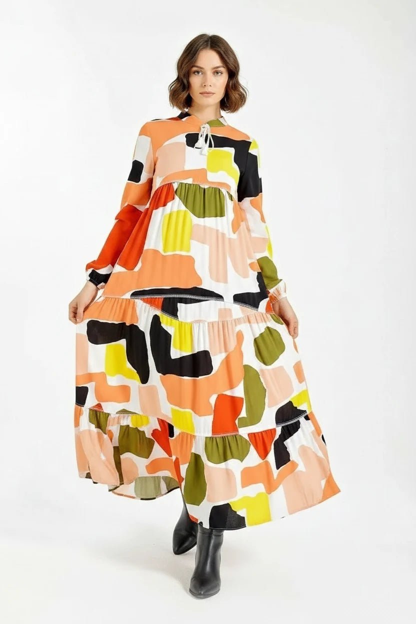 Kadın Bağcıklı Yaka Beli Büzgülü Desenli Safran Tesettür Elbise