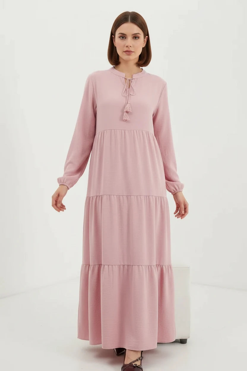 Kadın Bağcıklı Yaka Fırfırlı Açık Pembe Tesettür Elbise
