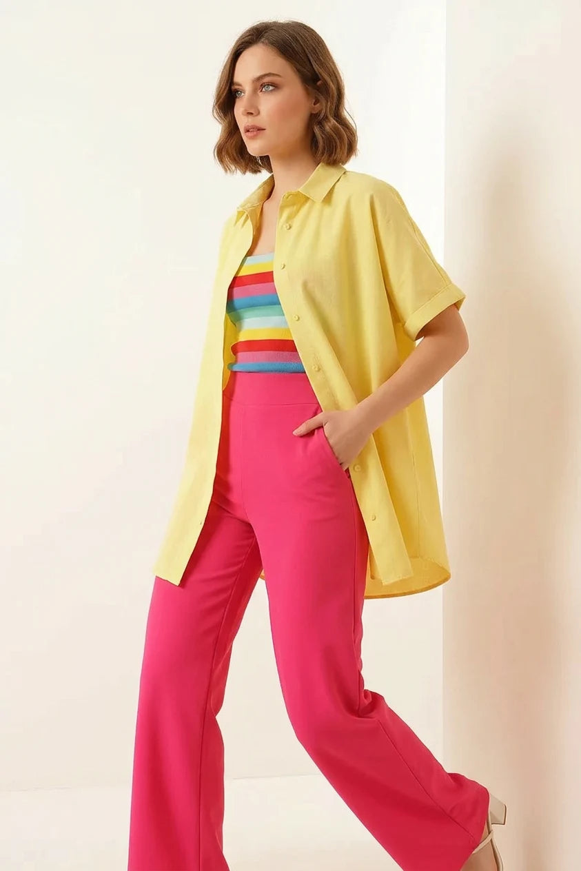 Kadın Kısa Kol Oversize Pamuklu Sarı Gömlek