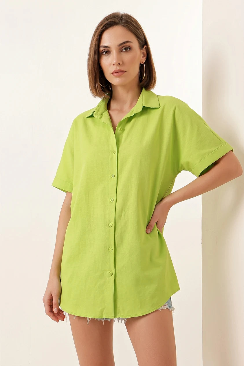 Kadın Kısa Kol Oversize Pamuklu Çağla Yeşili Gömlek