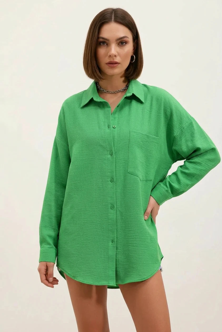 Kadın Tek Cepli Oversize Viskon Yeşil Gömlek