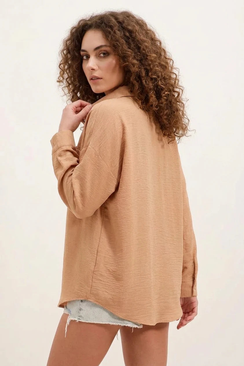 Kadın Oversize Tek Cepli Viskon Bisküvi Gömlek
