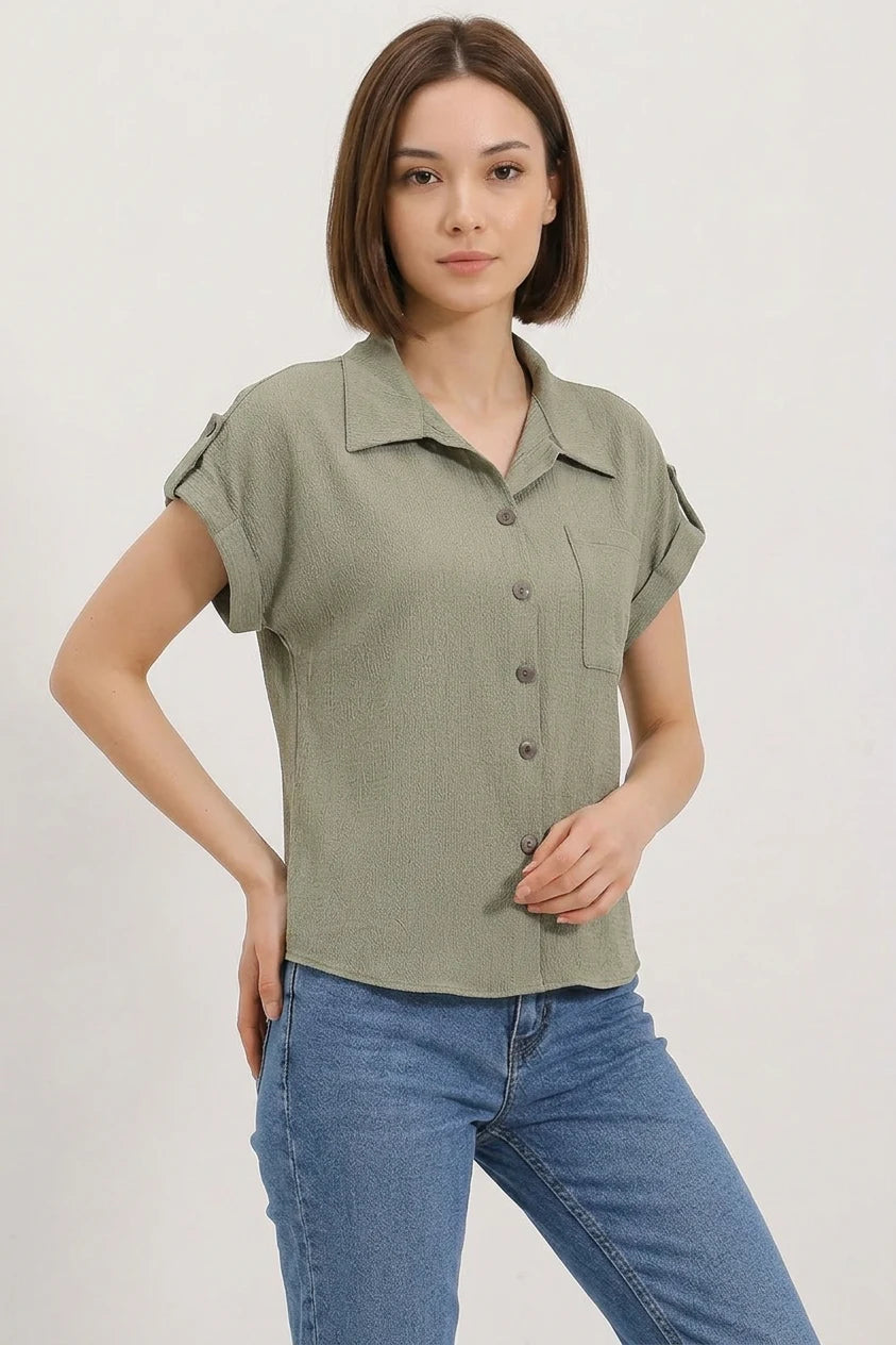 Kadın Kısa Kol Oversize Çağla Yeşili Gömlek