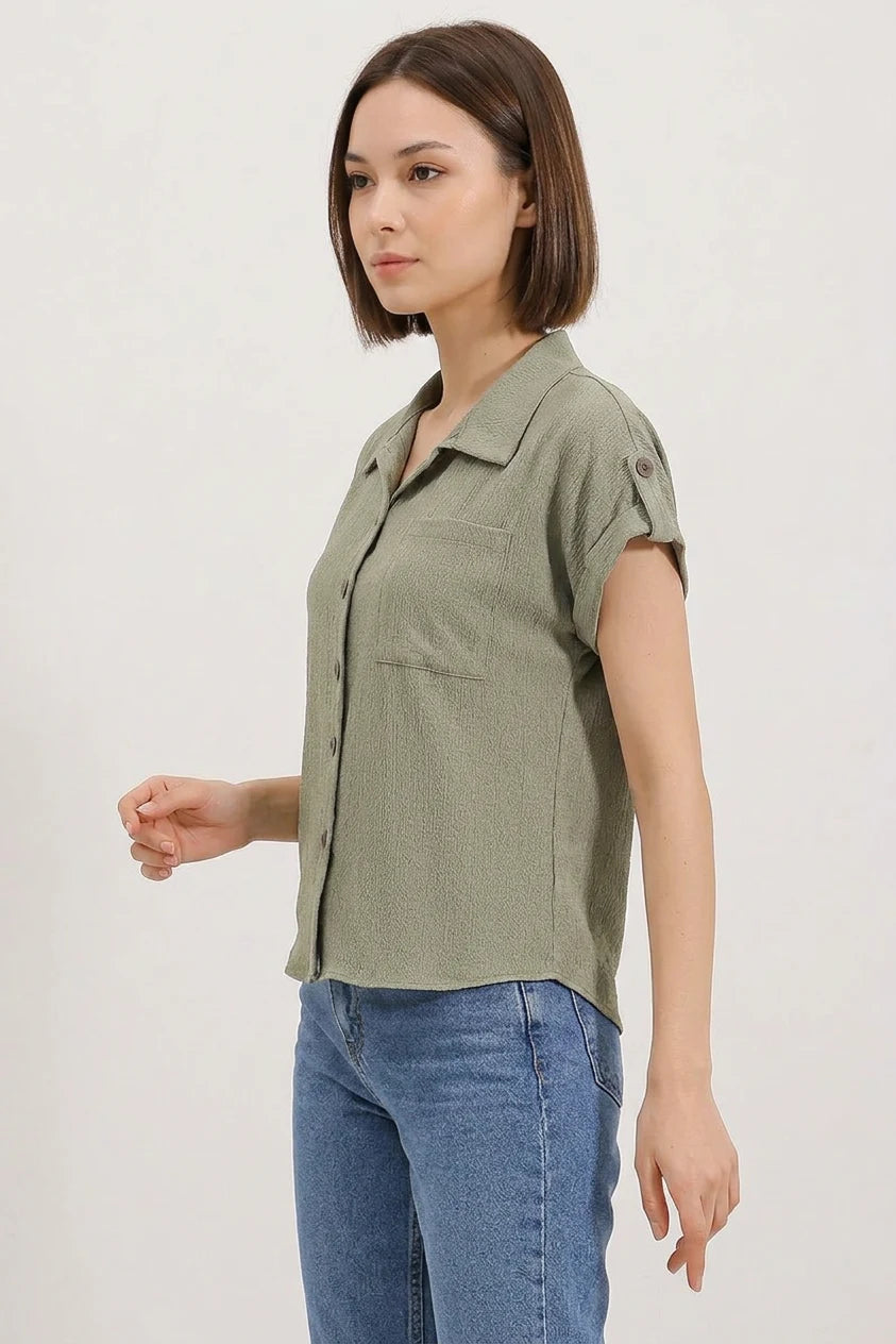 Kadın Kısa Kol Oversize Çağla Yeşili Gömlek