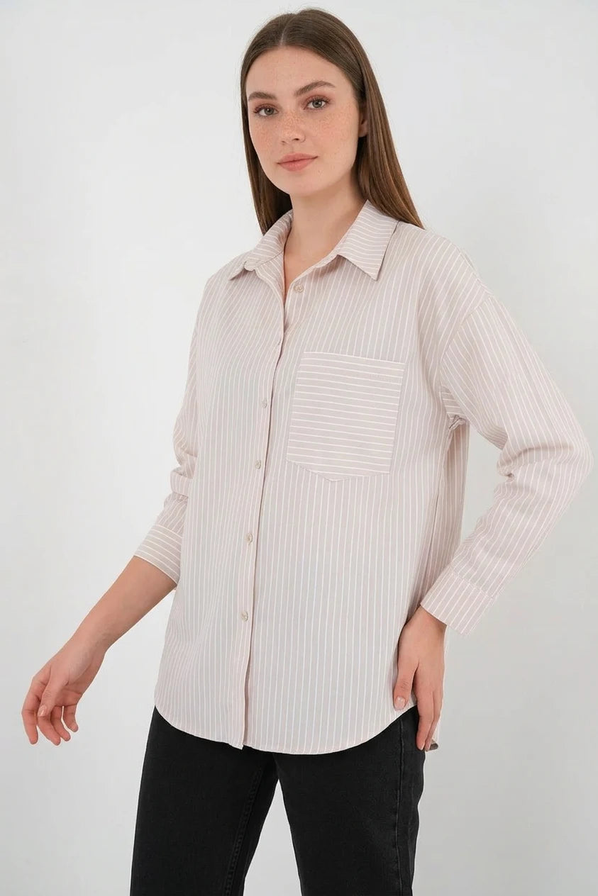 Kadın Oversize Tek Cepli Çizgili Pamuklu Krem Gömlek
