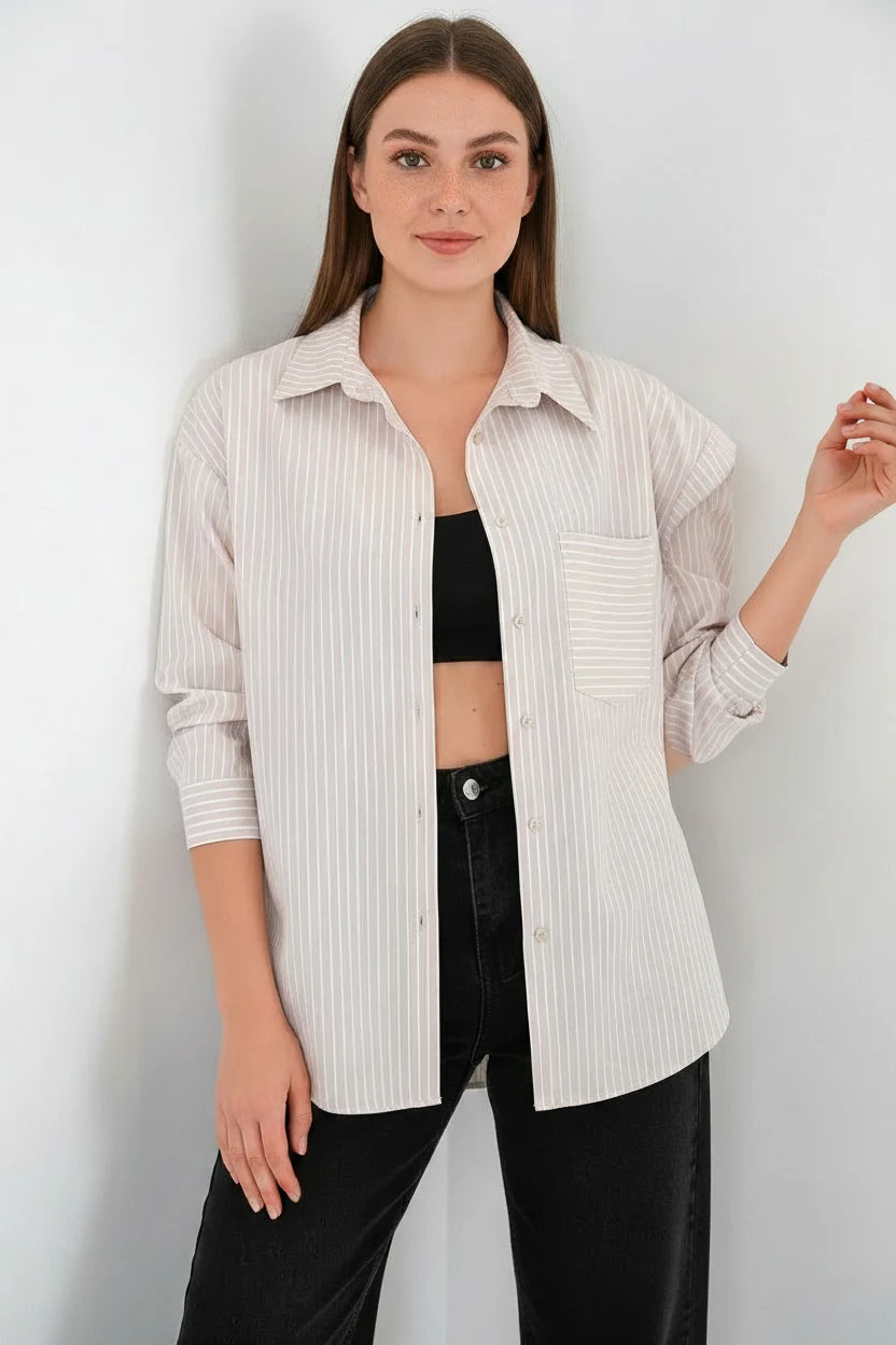 Kadın Oversize Tek Cepli Çizgili Pamuklu Krem Gömlek