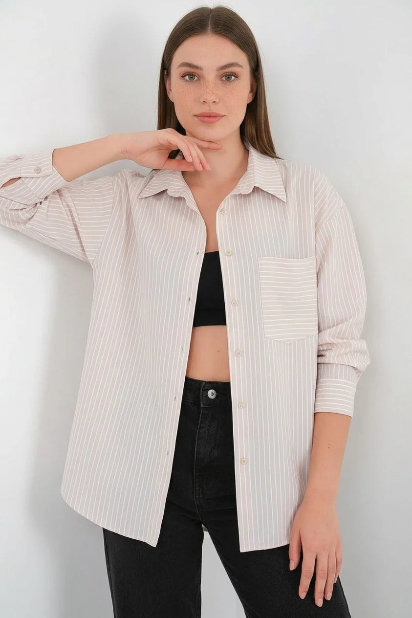 Kadın Oversize Tek Cepli Çizgili Pamuklu Krem Gömlek