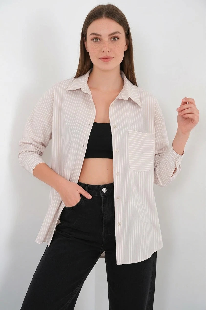 Kadın Oversize Tek Cepli Çizgili Pamuklu Krem Gömlek