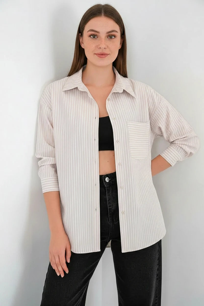 Kadın Oversize Tek Cepli Çizgili Pamuklu Krem Gömlek