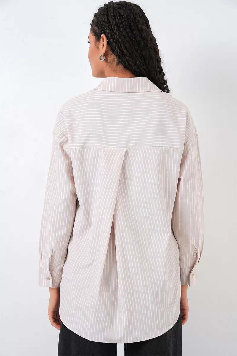 Kadın Oversize Tek Cepli Çizgili Pamuklu Krem Gömlek