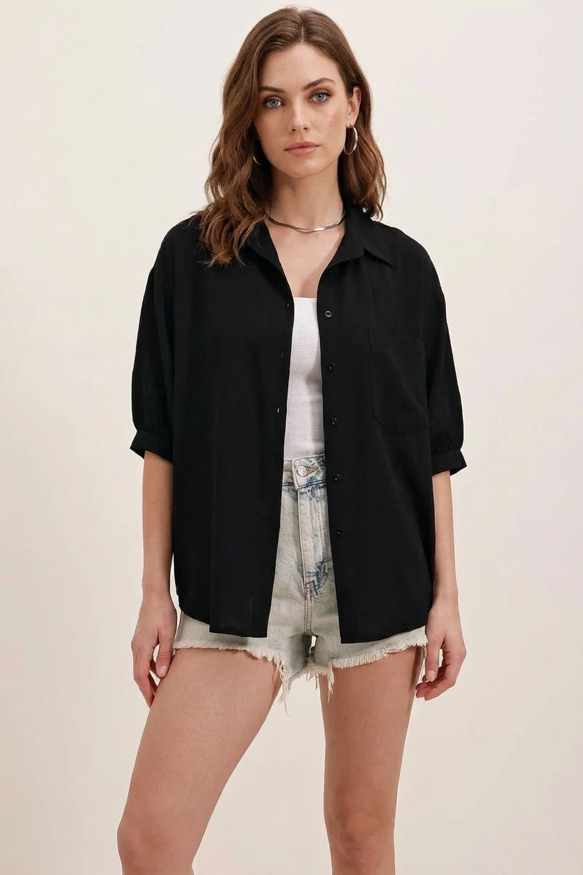Kadın Kısa Kol Basic Oversize Pamuklu Siyah Gömlek