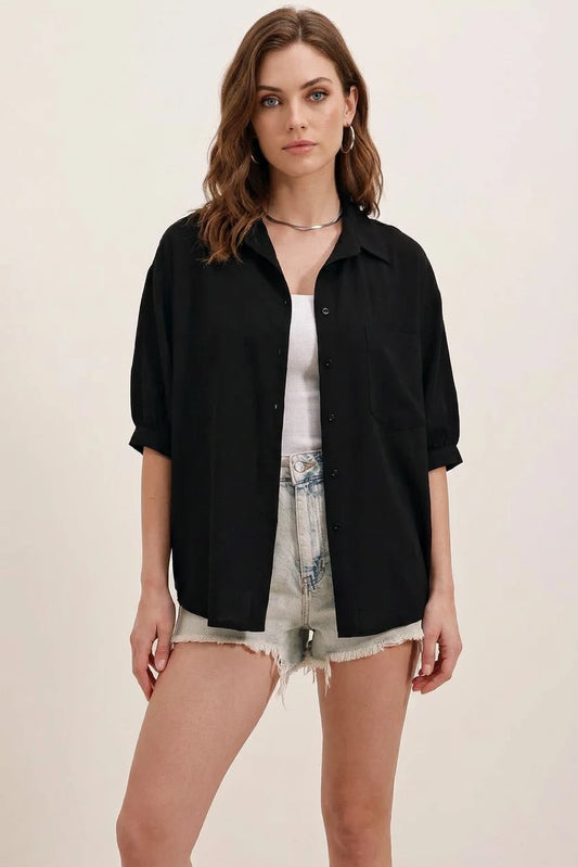 Kadın Kısa Kol Basic Oversize Pamuklu Siyah Gömlek