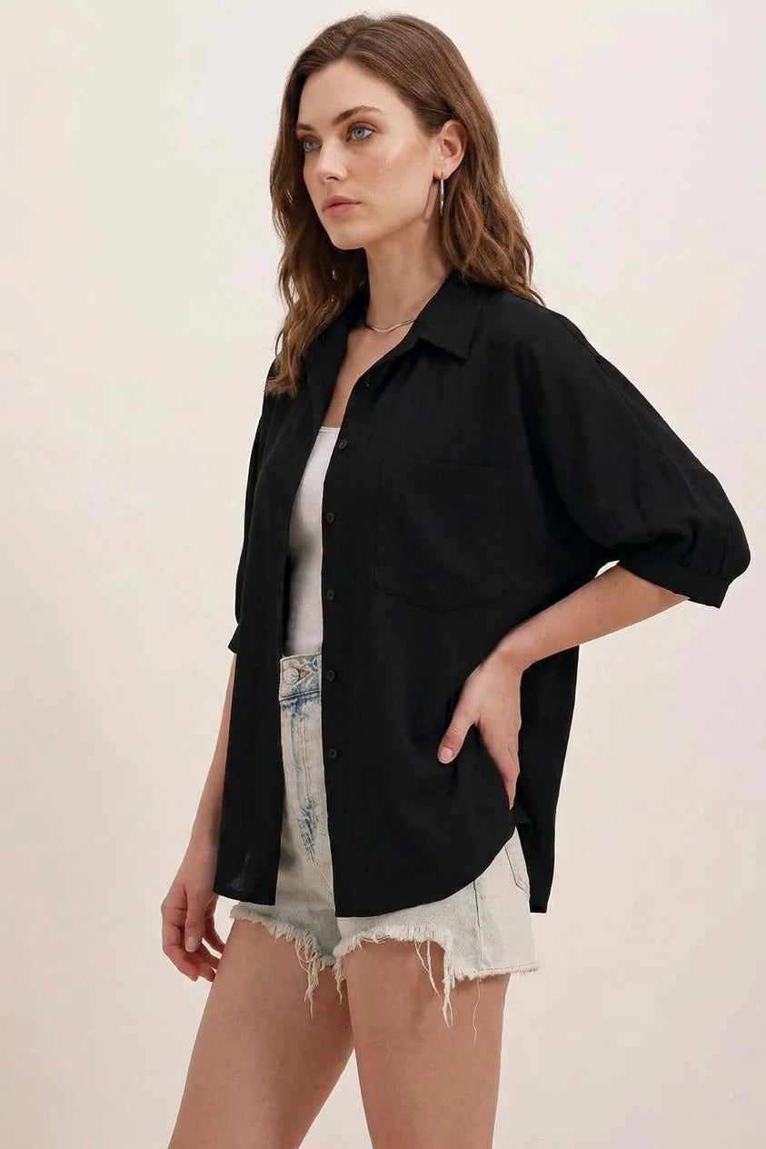 Kadın Kısa Kol Basic Oversize Pamuklu Siyah Gömlek