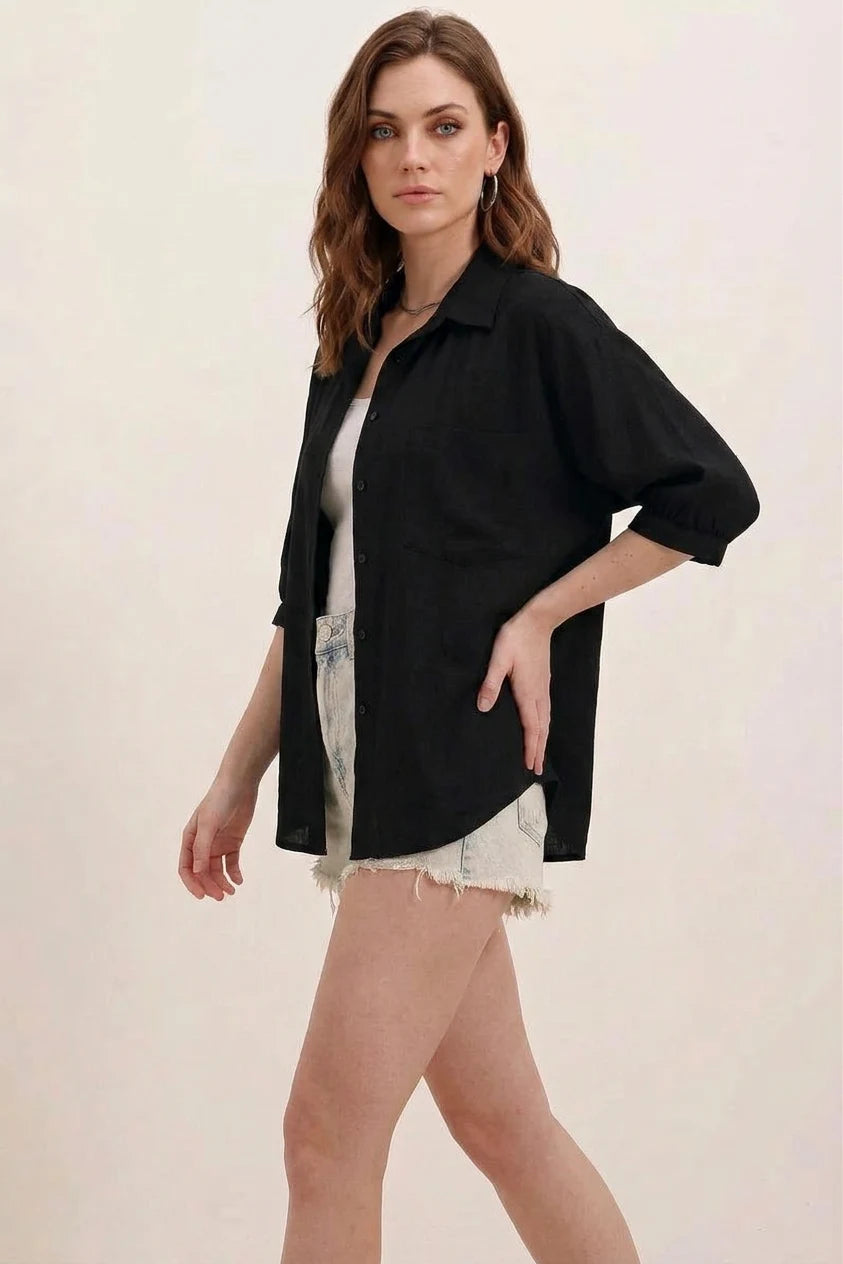 Kadın Kısa Kol Basic Oversize Pamuklu Siyah Gömlek