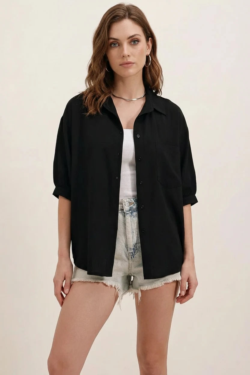 Kadın Kısa Kol Basic Oversize Pamuklu Siyah Gömlek