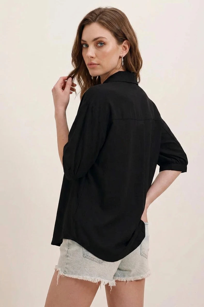 Kadın Kısa Kol Basic Oversize Pamuklu Siyah Gömlek