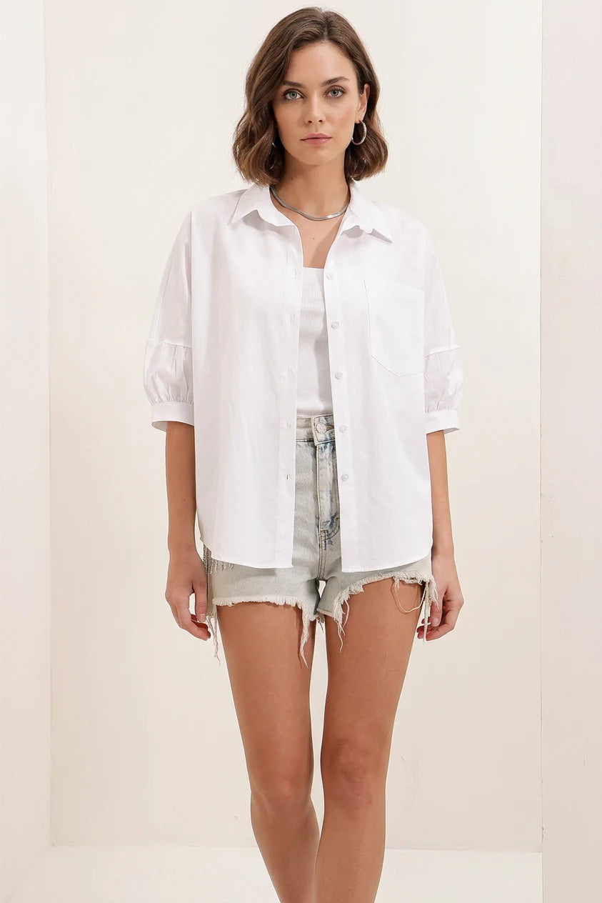 Kadın Kısa Kol Basic Oversize Pamuklu Beyaz Gömlek