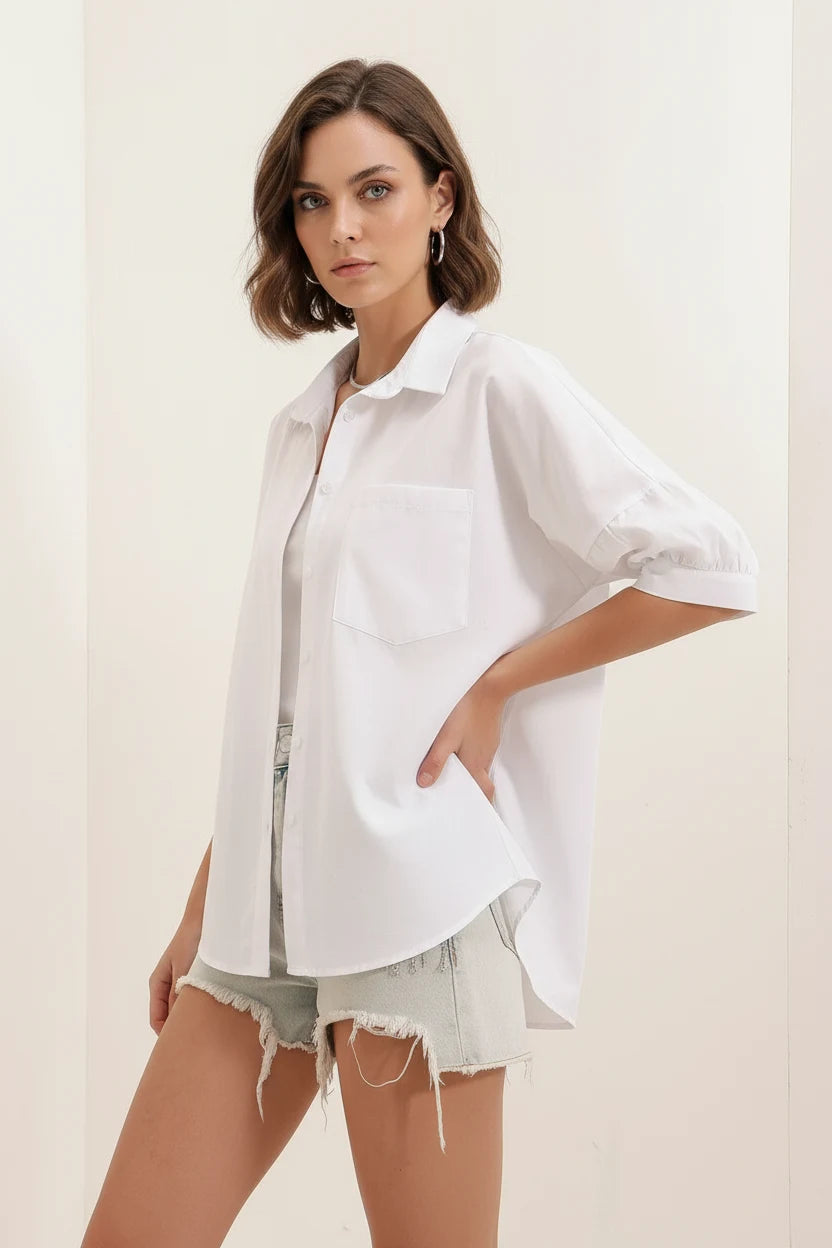 Kadın Kısa Kol Basic Oversize Pamuklu Beyaz Gömlek