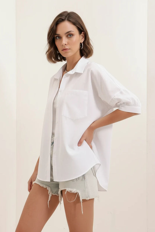 Kadın Kısa Kol Basic Oversize Pamuklu Beyaz Gömlek