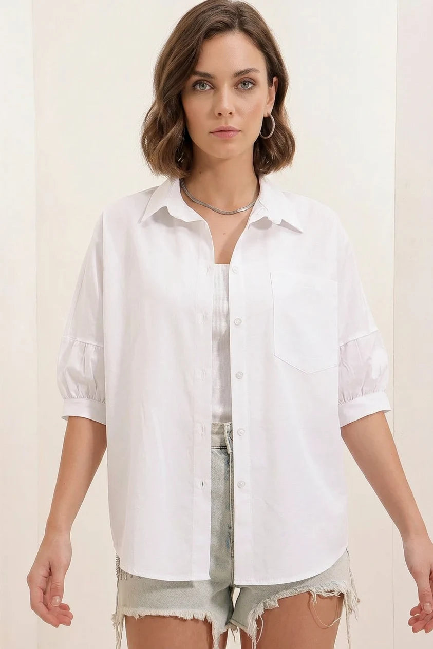 Kadın Kısa Kol Basic Oversize Pamuklu Beyaz Gömlek