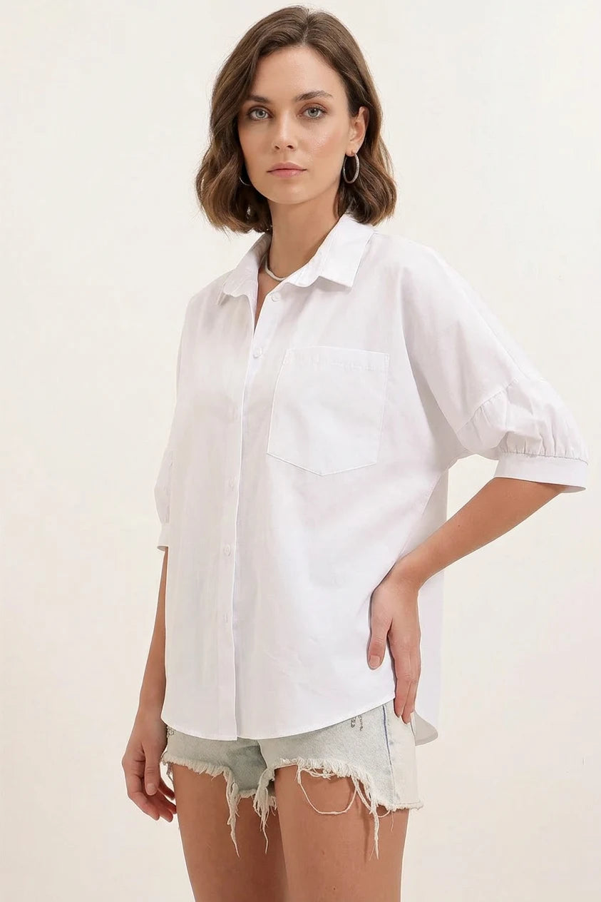 Kadın Kısa Kol Basic Oversize Pamuklu Beyaz Gömlek