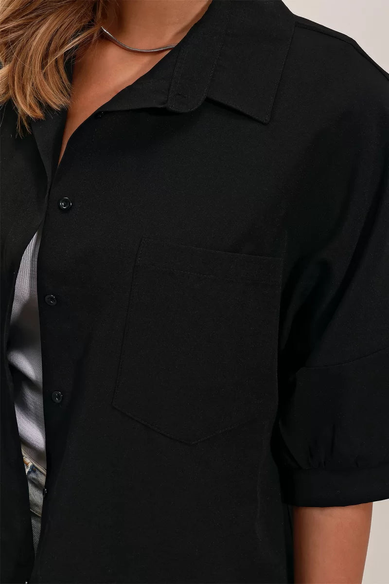 Kadın Kısa Kol Basic Oversize Pamuklu Siyah Gömlek