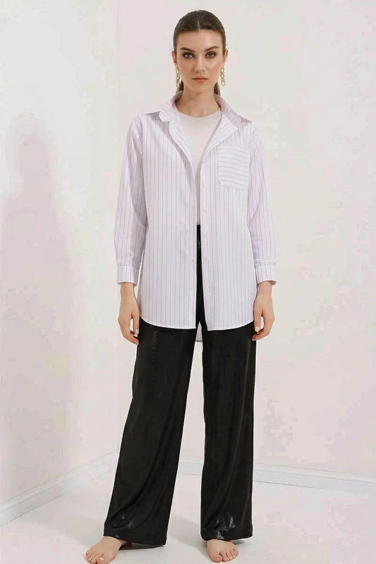 Kadın Oversize Çizgili Pamuklu Beyaz Gömlek
