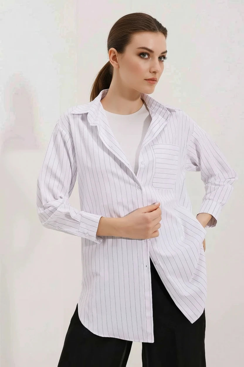 Kadın Oversize Çizgili Pamuklu Beyaz Gömlek