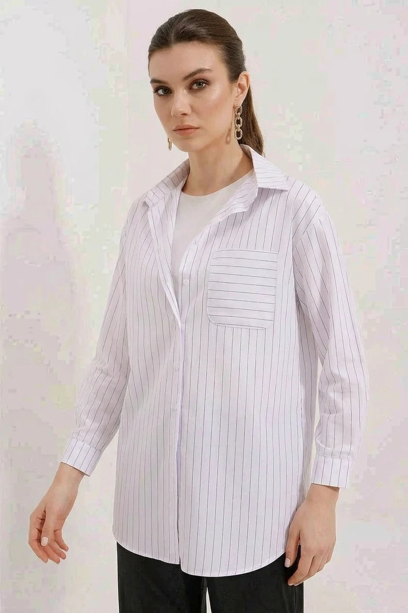 Kadın Oversize Çizgili Pamuklu Beyaz Gömlek