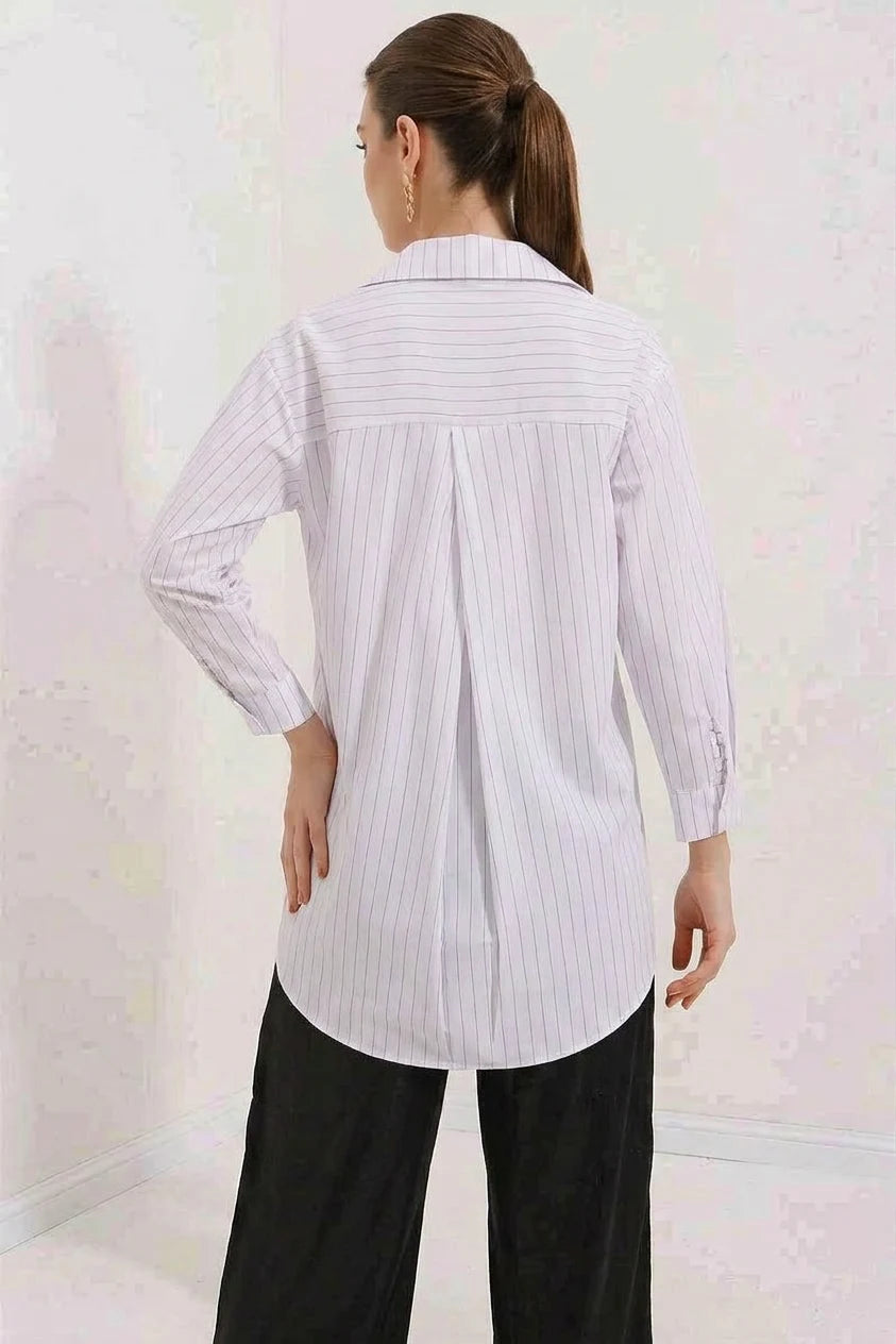 Kadın Oversize Çizgili Pamuklu Beyaz Gömlek