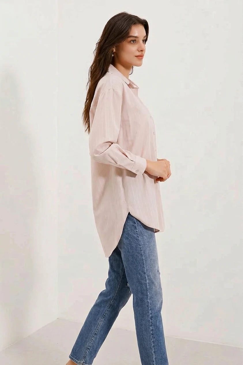 Kadın Oversize Çizgili Pamuklu Bej Gömlek