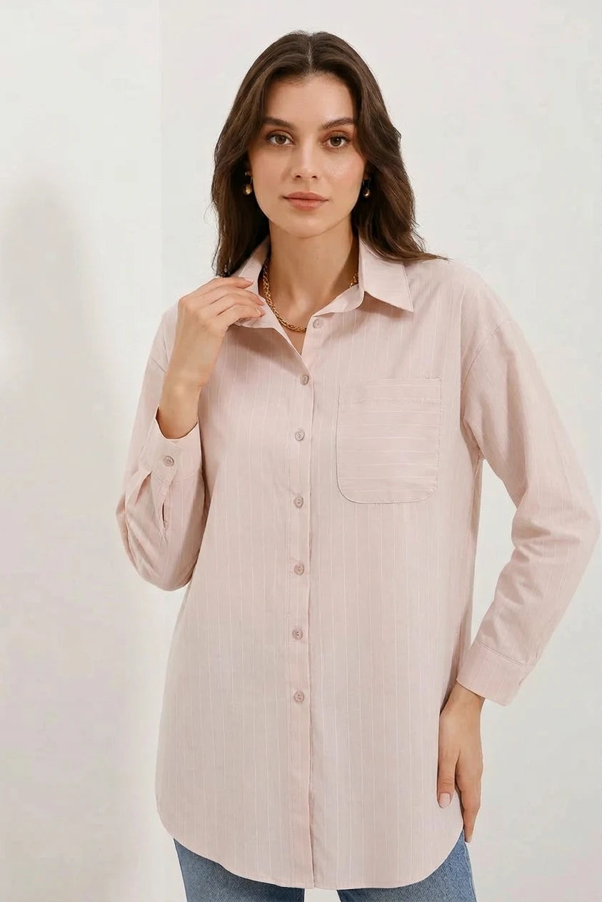 Kadın Oversize Çizgili Pamuklu Bej Gömlek