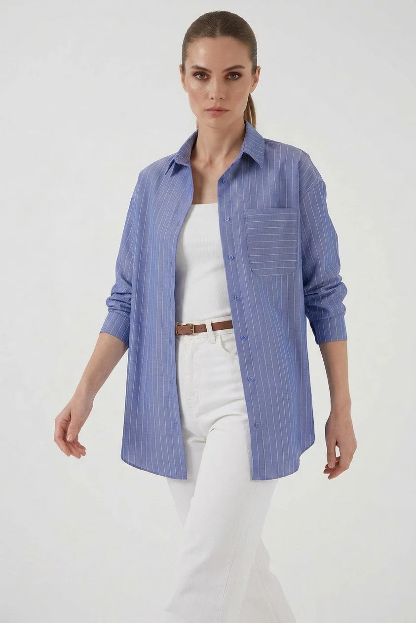 Kadın Oversize Çizgili İndigo Gömlek