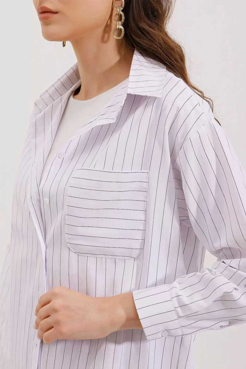 Kadın Oversize Çizgili Pamuklu Beyaz Gömlek