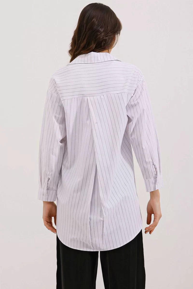 Kadın Oversize Çizgili Pamuklu Beyaz Gömlek