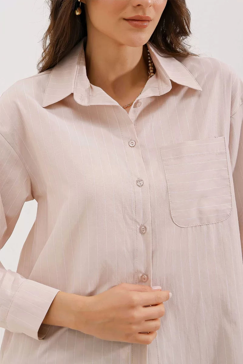 Kadın Oversize Çizgili Pamuklu Bej Gömlek
