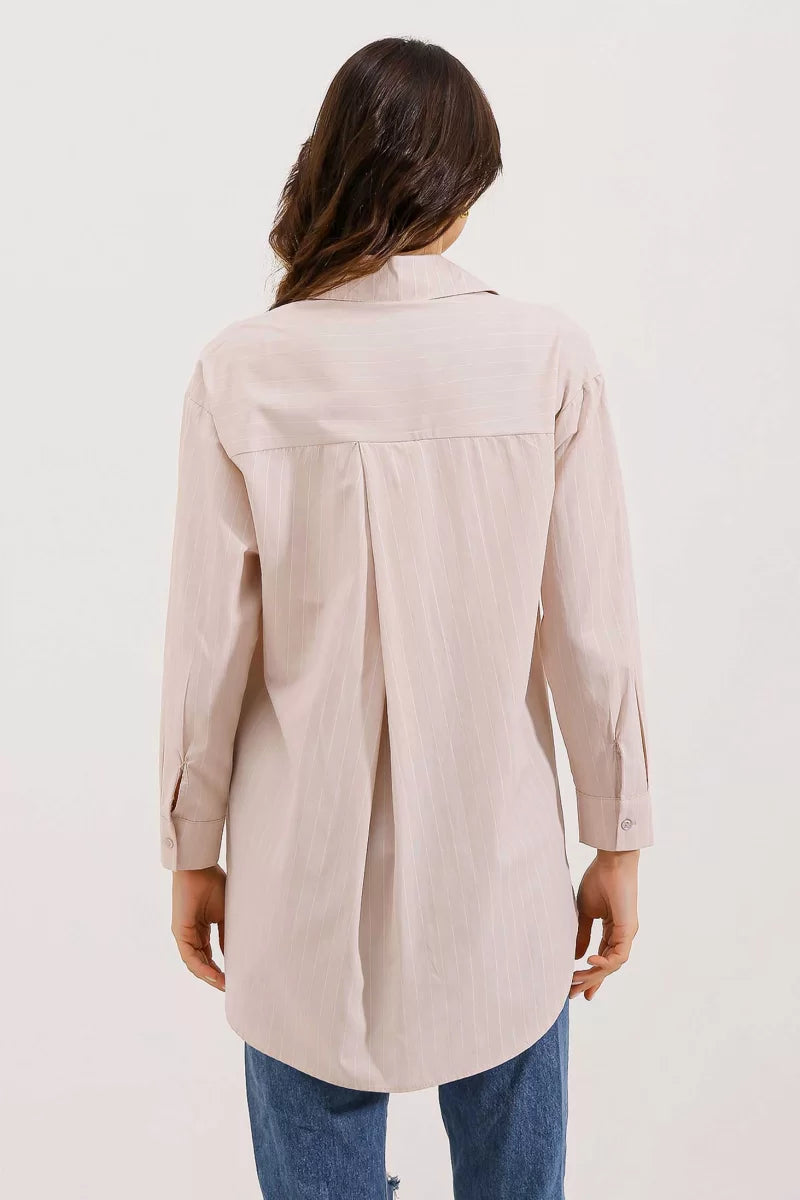 Kadın Oversize Çizgili Pamuklu Bej Gömlek