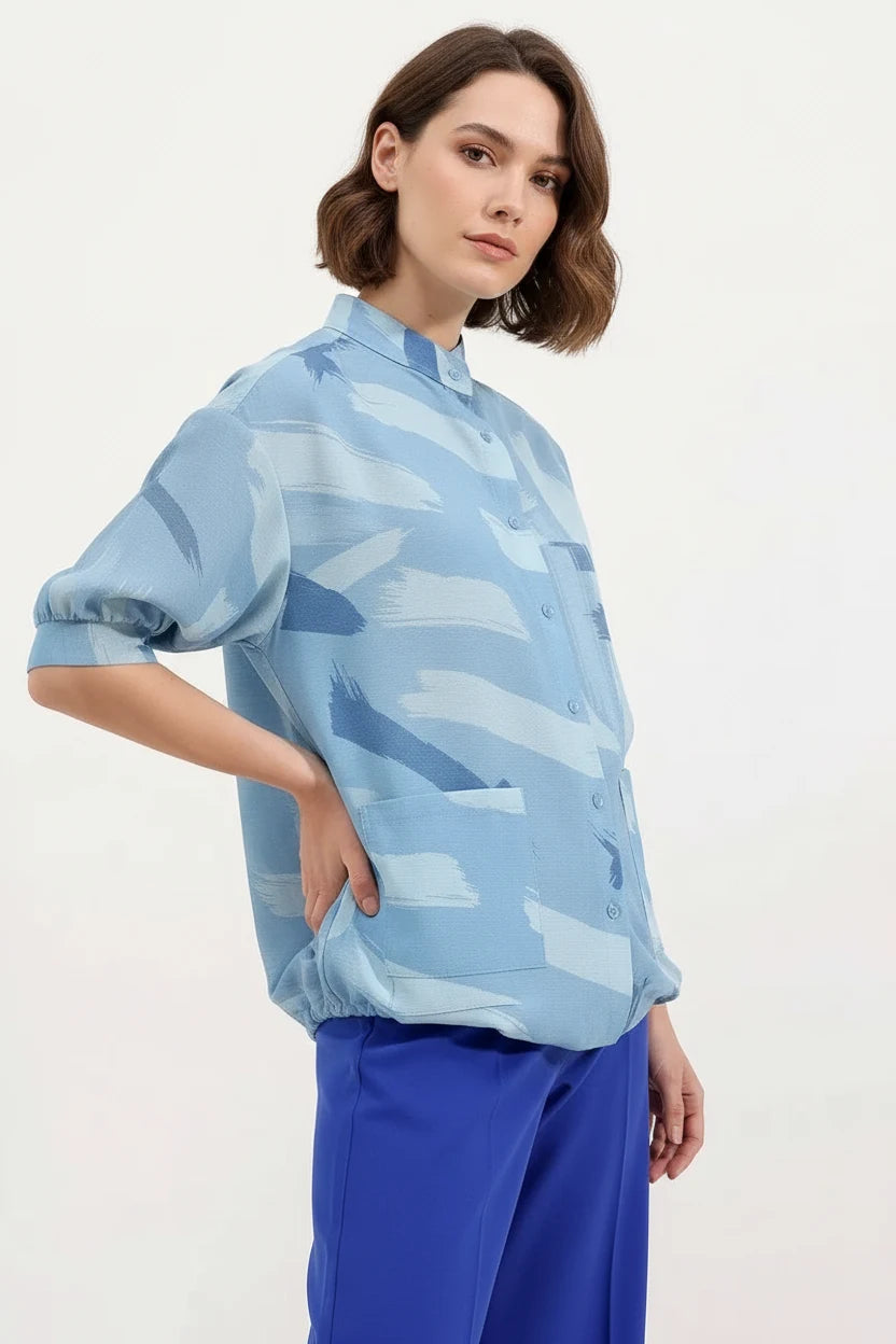 Kadın Oversize Desenli Viskon Mavi Gömlek
