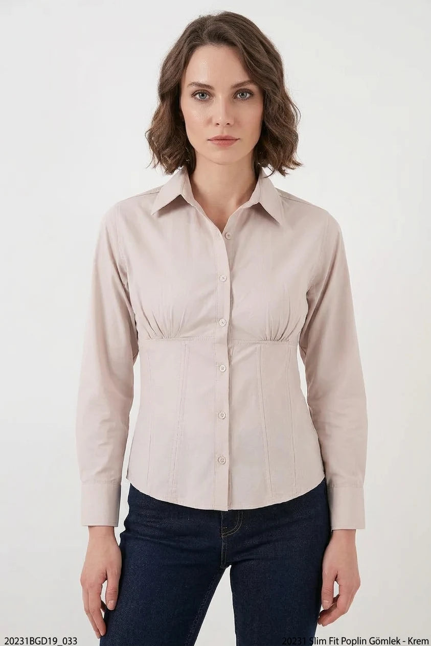 Kadın Slim Fit Belden Büzgülü Pamuklu Krem Gömlek